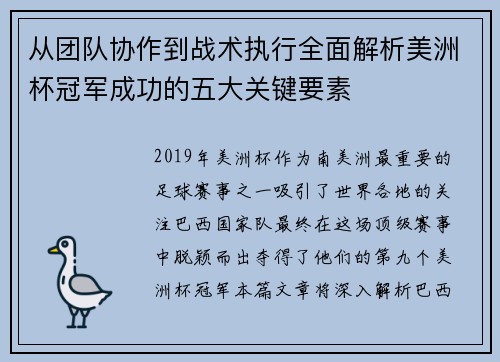 从团队协作到战术执行全面解析美洲杯冠军成功的五大关键要素