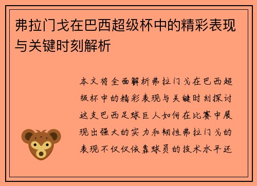 弗拉门戈在巴西超级杯中的精彩表现与关键时刻解析