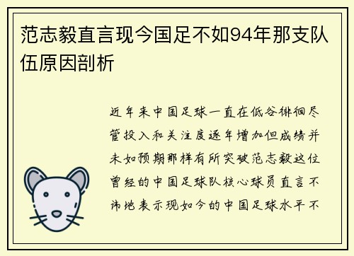 范志毅直言现今国足不如94年那支队伍原因剖析