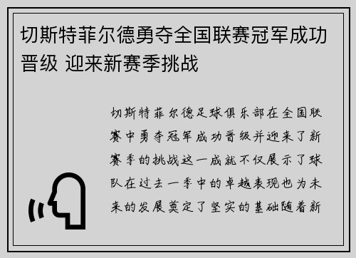 切斯特菲尔德勇夺全国联赛冠军成功晋级 迎来新赛季挑战