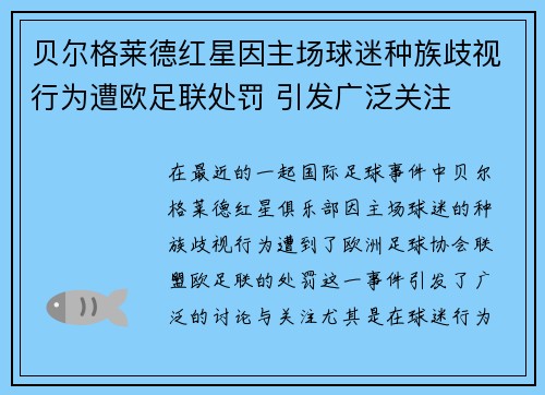 贝尔格莱德红星因主场球迷种族歧视行为遭欧足联处罚 引发广泛关注